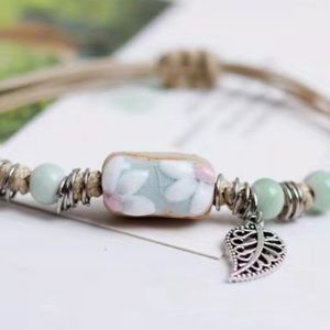 🍃Woven Ceramic Bracelet Stone Flower Bracelet With Leaf Pendant